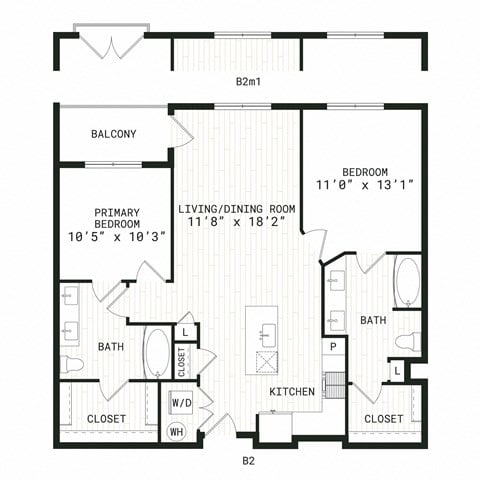 Floor plan for 2 beds, 2 baths, 1115 sqft